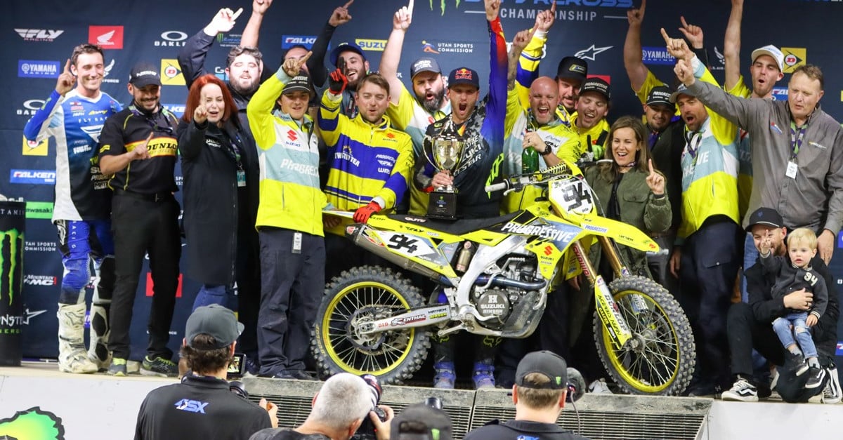 Suzuki and HEP Motorsports celebrate their first win together at the Indy Supercross. Photo by BrownDogWilson Photography