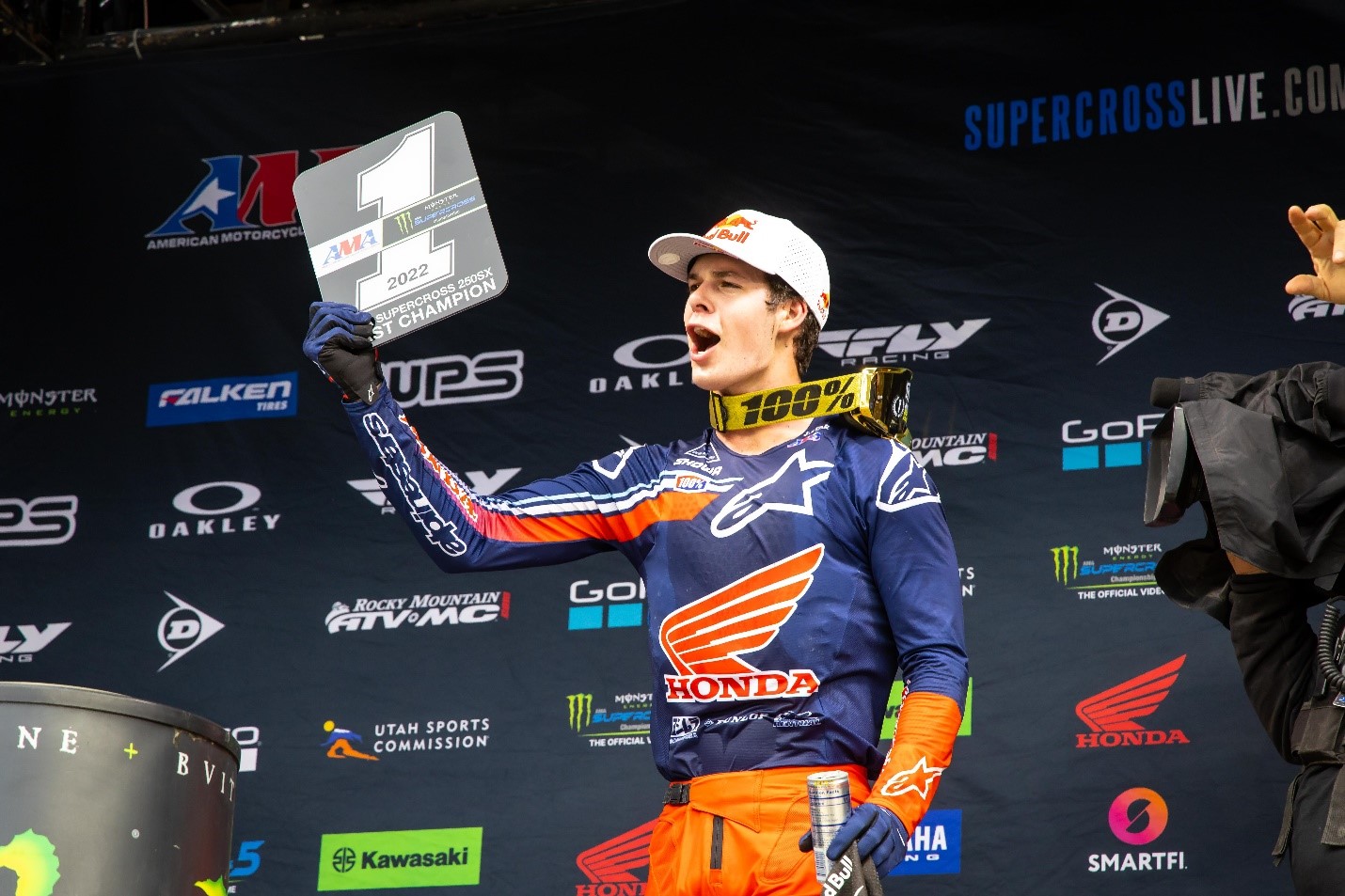 Jett Lawrence celebrating his first Monster Energy AMA Supercross 250SX Class Championship at Gillette Stadium in Foxborough, Mass. Photo Credit: Feld Motor Sports