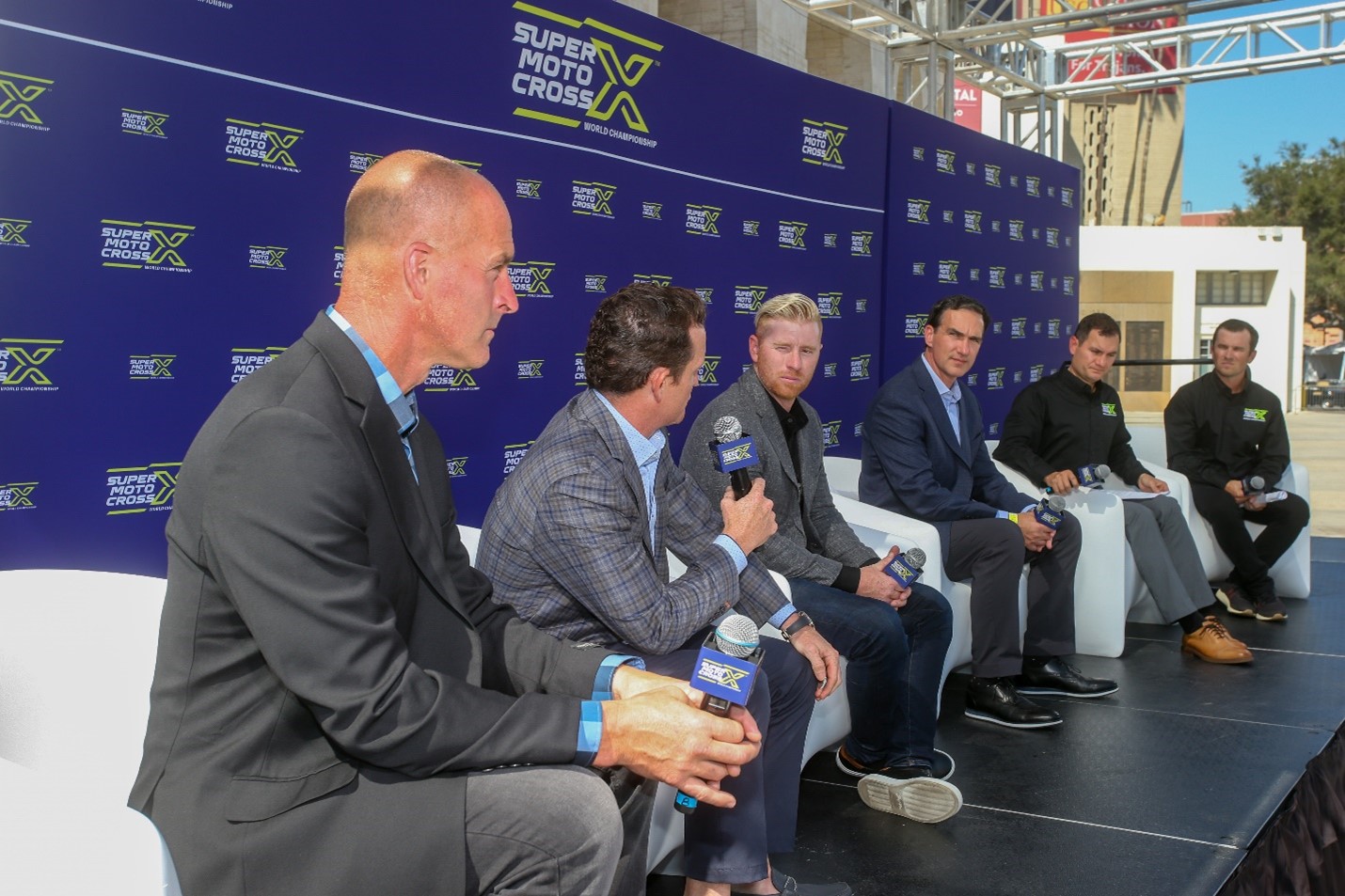 The G.O.A.T. Ricky Carmichael addressing the audience at the SuperMotocross World Championship press event at the Los Angeles Memorial Coliseum in Los Angeles. Ricky is joined by multi-time AMA Supercross and Pro Motocross Champions Jeff Stanton and Ryan Villopoto (Left to right – Jeff Stanton, Ricky Carmichael, Ryan Villopoto, Dave Prater – Vice President - Supercross, and hosts Jason Weigandt and Daniel Blair). Photo Credit: Feld Motor Sports