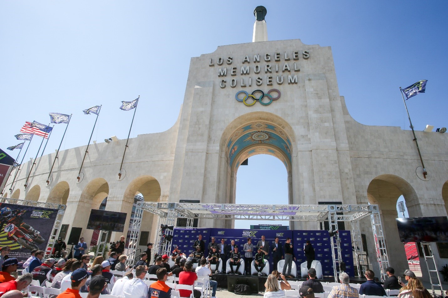 The Los Angeles Memorial Coliseum, long credited as the birthplace of Supercross, provided the perfect backdrop to discuss the future of the sport. The SuperMotocross World Championship Final will take place at the venue on October 14, 2023. Photo Credit: Feld Motor Sports 