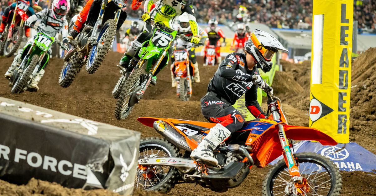 Julien Beaumer (29) pulled out a big lead early but the race win came down to the final corner in MetLife Stadium. Photo Credit: Feld Motor Sports, Inc.   