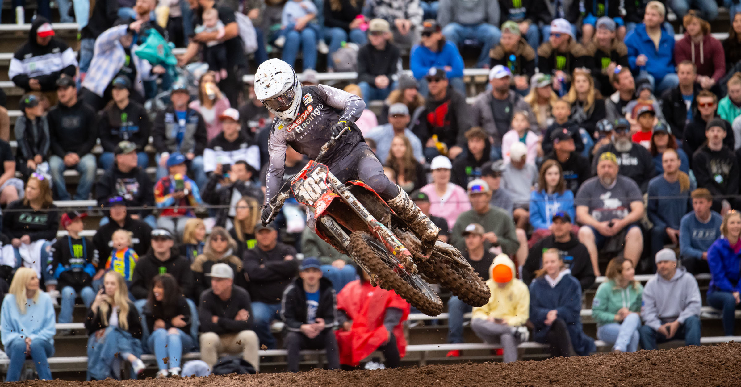 Mark Fineis (105) earned second in the Supercross Futures finale that took place within the 2023 Utah Supercross event inside Rice-Eccles Stadium. Photo Credit: Feld Motor Sports, Inc.   