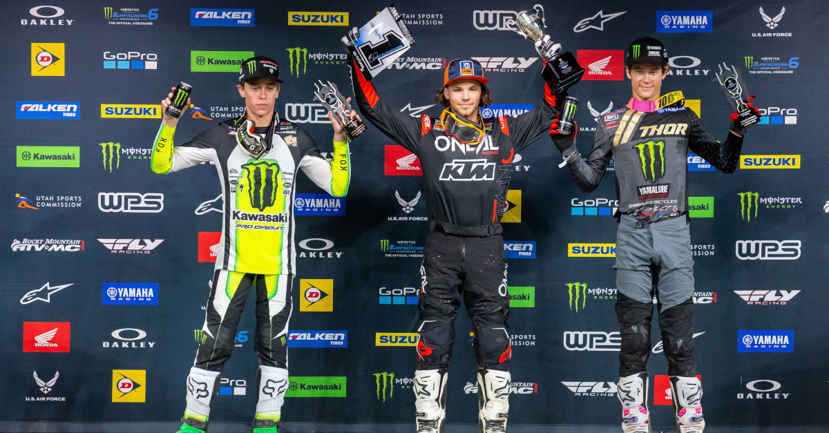 Supercross Futures Class podium (riders left to right) Ryder DiFrancesco, Julien Beaumer, and Daxton Bennick. Photo Credit: Feld Motor Sports, Inc.
