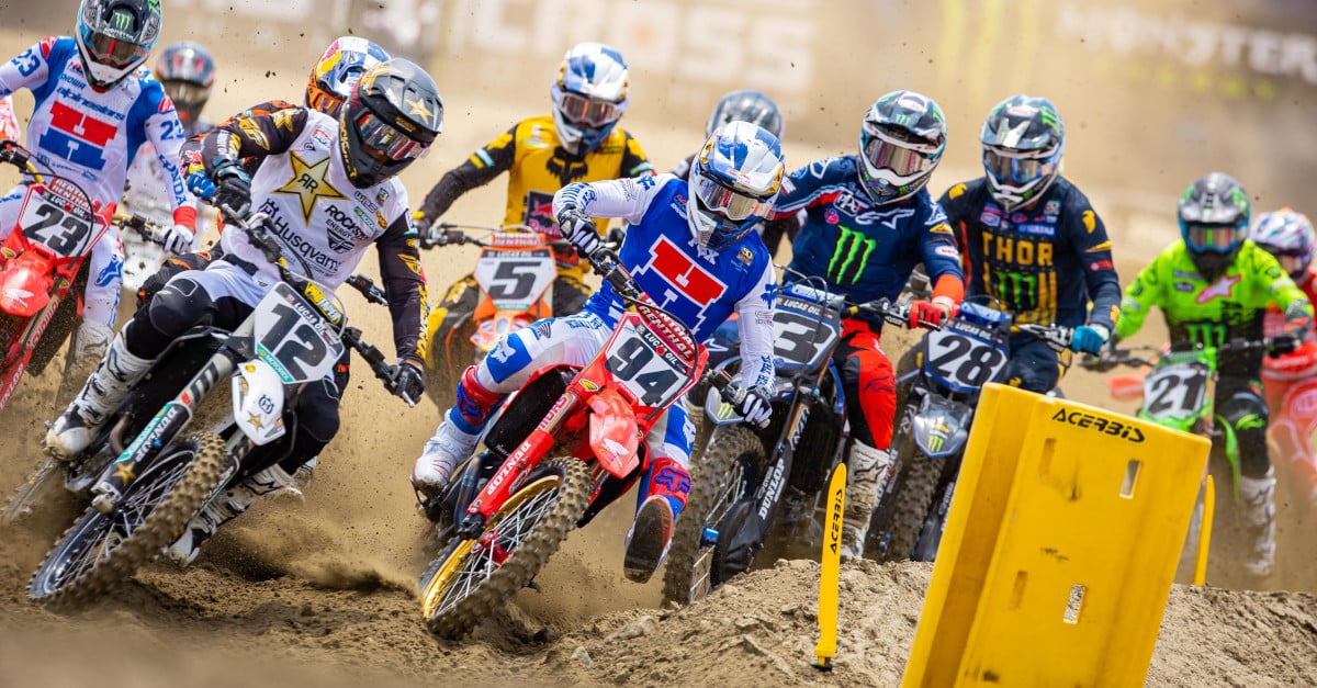 The stars of the AMA Pro Motocross 450 Class Championship storm into the first turn at the season opening Fox Raceway I National from Southern California’s Fox Raceway. Photo Credit: MX Sports Pro Racing / Align Media