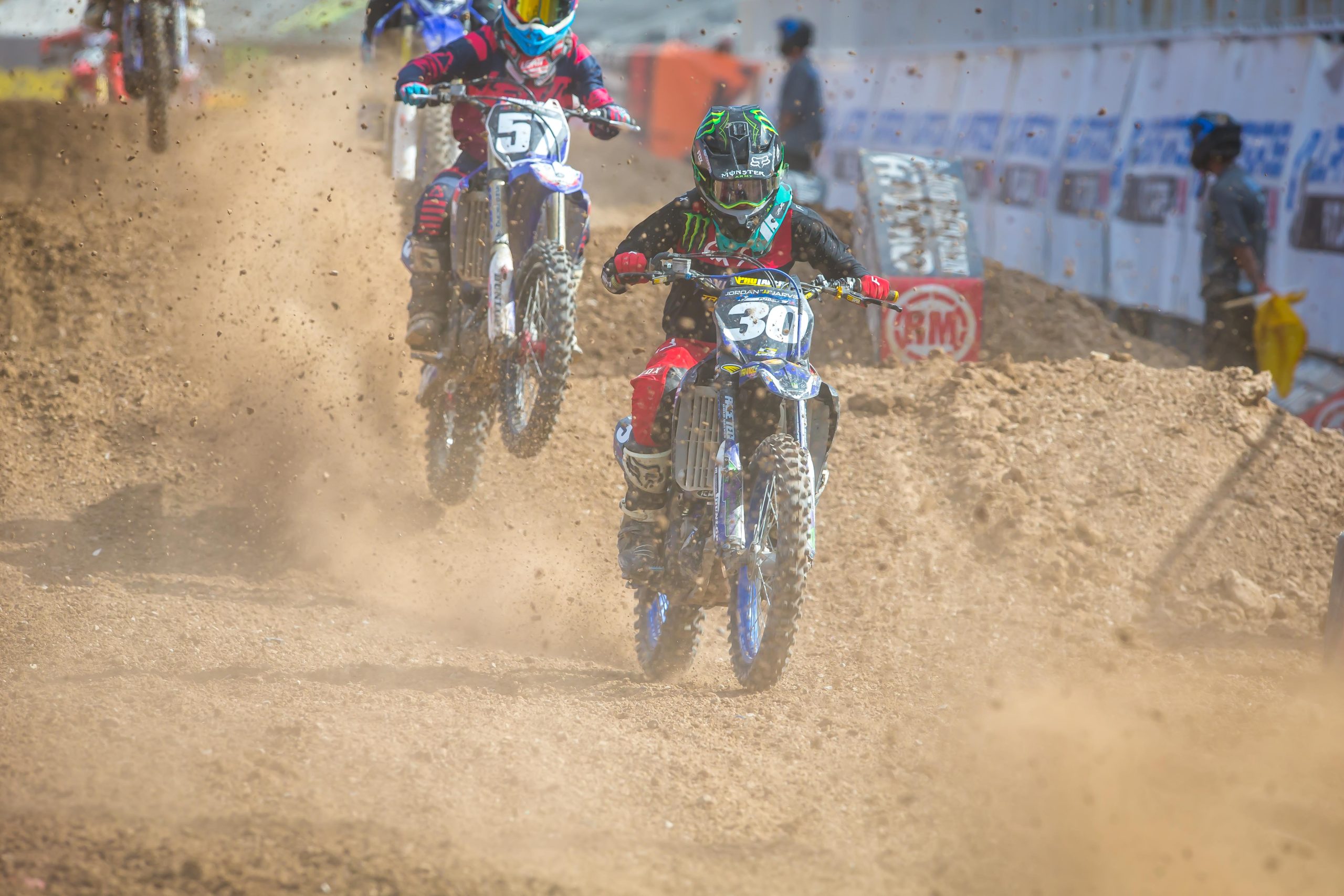 Yamaha’s Jordan Jarvis (30) competing at the final round of Supercross Futures at Sam Boyd Stadium in Las Vegas. Photo Credit: Feld Entertainment, Inc.