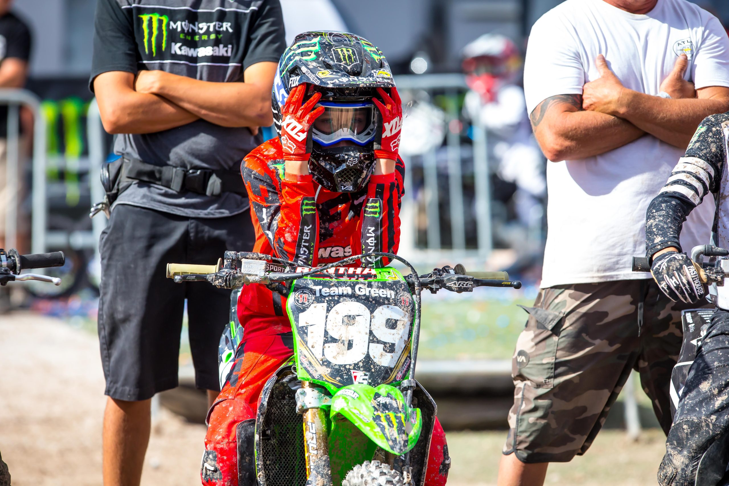 Team Green Kawasaki’s Ryder DiFrancesco getting focused on the start gate in Las Vegas at the final round of Supercross Futures at Sam Boyd Stadium. Photo Credit: Feld Entertainment