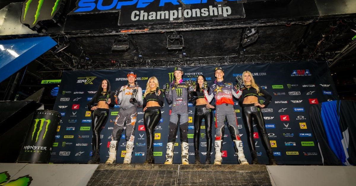 250SX Futures Class podium (racers left to right) Preston Boespflug, Daxton Bennick, and Casey Cochran