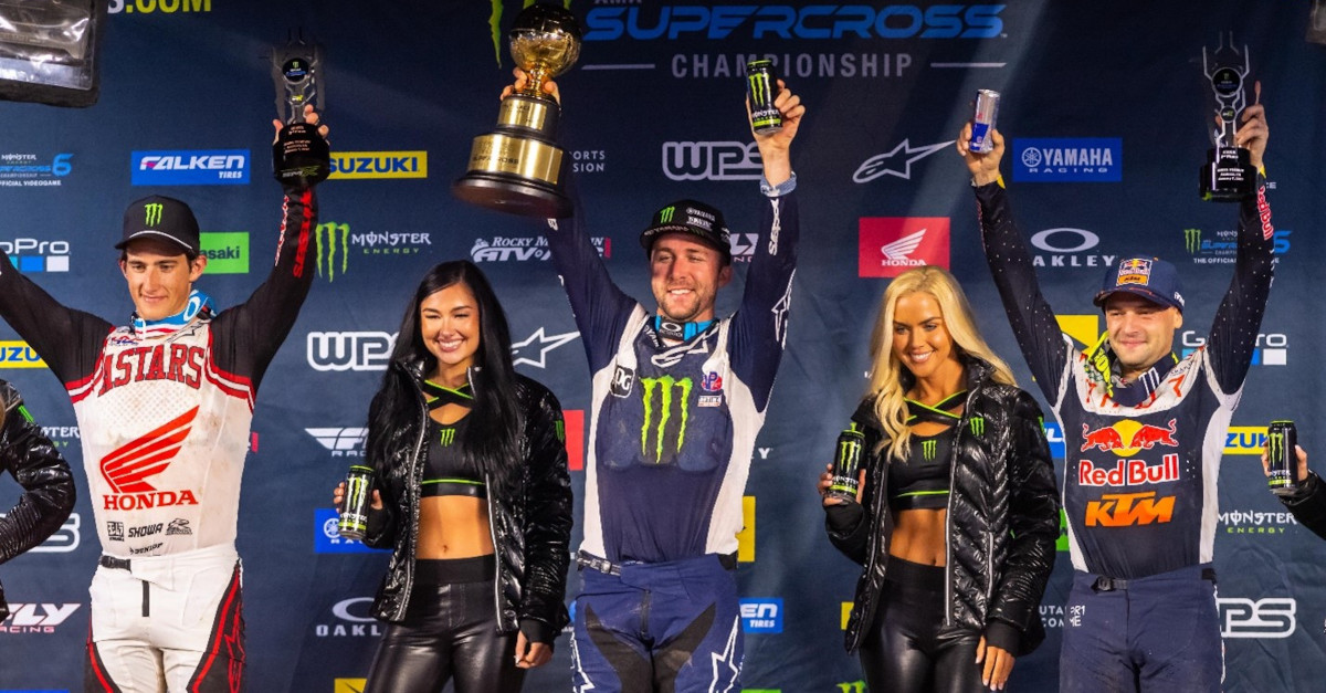 Anaheim 1 450SX Class podium (riders left to right) Chase Sexton, Eli Tomac, and Cooper Webb at Angel Stadium of Anaheim in Anaheim, Calif. Photo Credit: Feld Motor Sports, Inc.