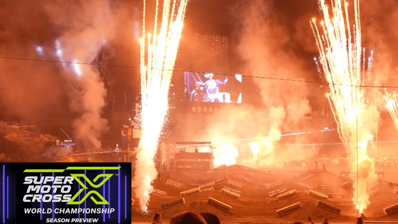 Image of fireworks at a Supercross event with SupeMotocross logo