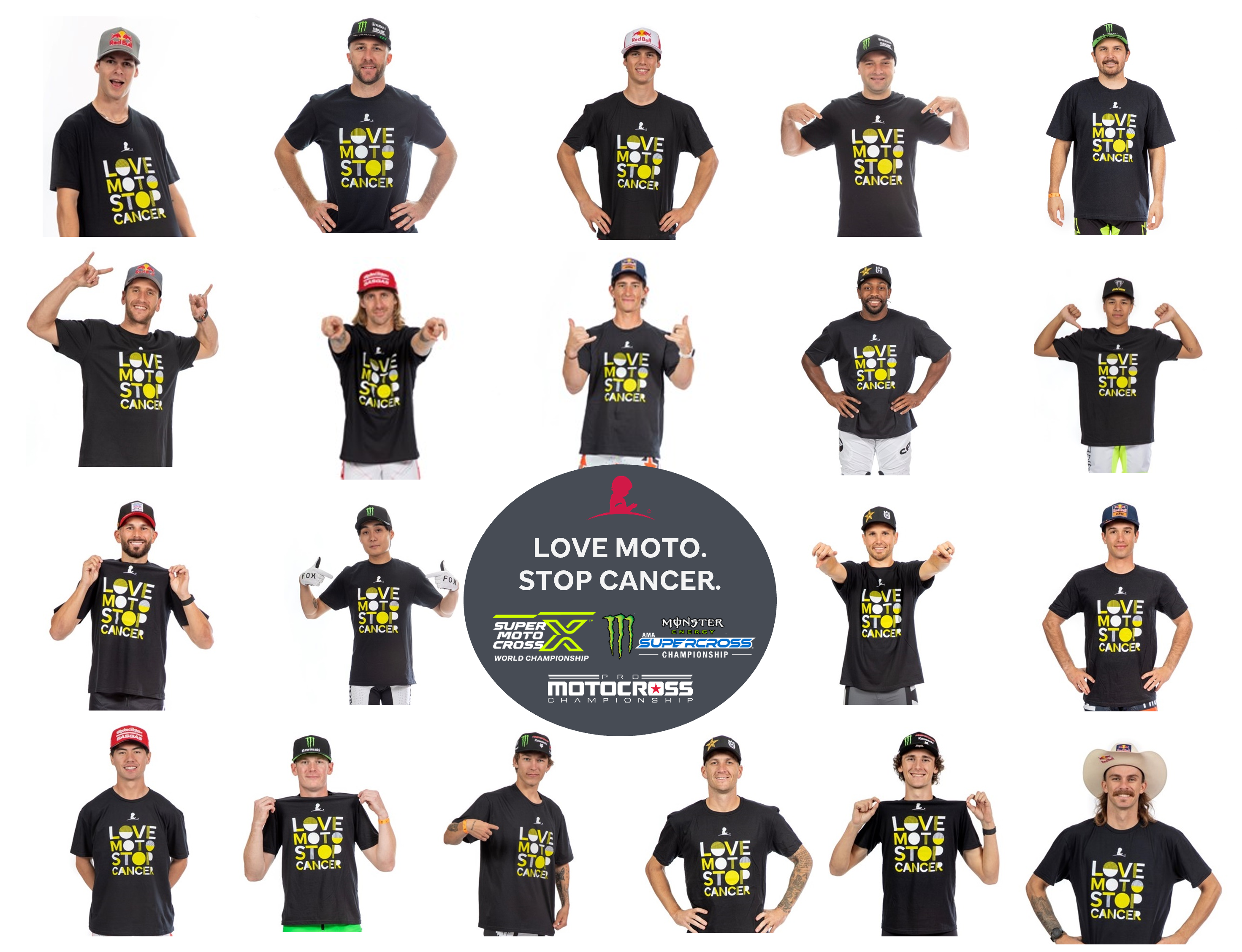 Graphic with 20 various SuperMotocross riders wearing Love Moto. Stop Cancer. shirts.