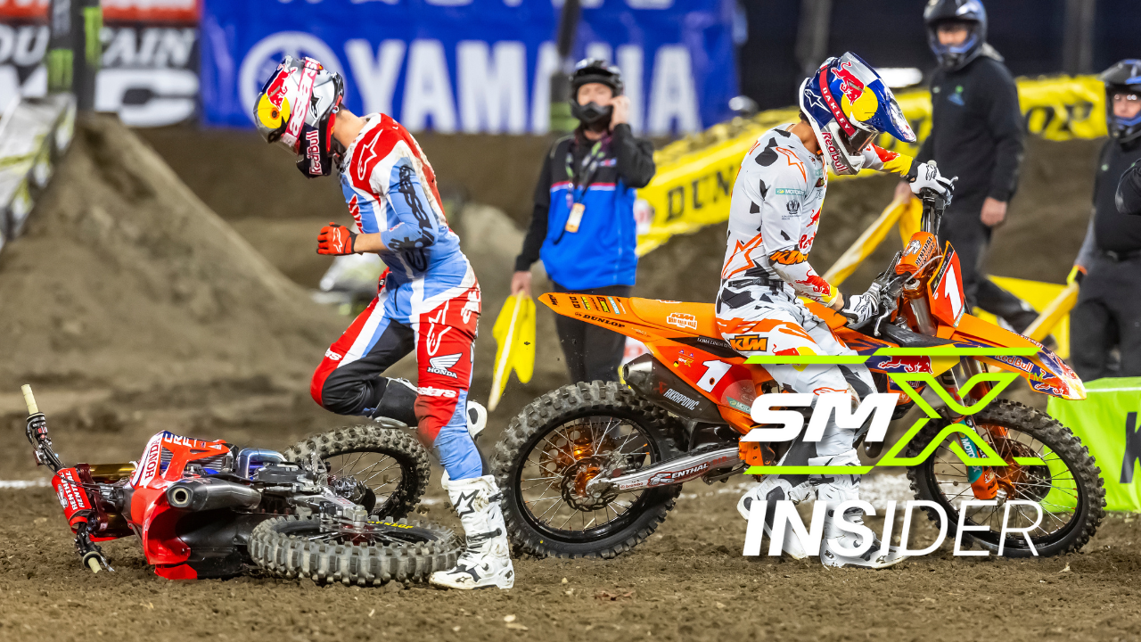 Photo of Hunter Lawrence and Chase Sexton after a crash with SMX Insider logo