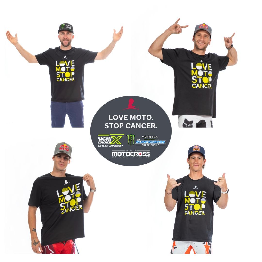 Love Moto Stop Cancer graphic with Eli Tomac, Ken Roczen, Jett Lawrence and Chase Sexton