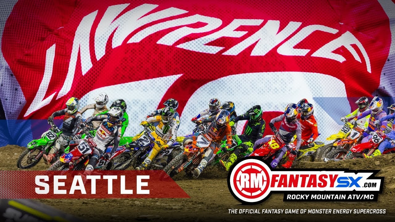 Graphic with photo of 450 race start and then caption - Seattle - RM Fantasy SX.com - Rocky Mountain ATV/MC - The official Fantasy game of Monster Energy Supercross