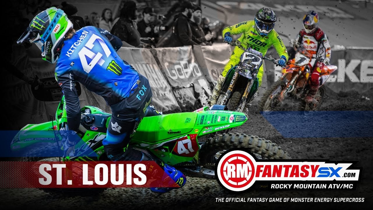 Graphic with Levi Kitchen, Cooper Webb and Chase Sexton with caption St. Louis - RMFantasySX.com Rocky Mountain ATV/MC - The Official Fantasy Game of Monster Energy Supercross