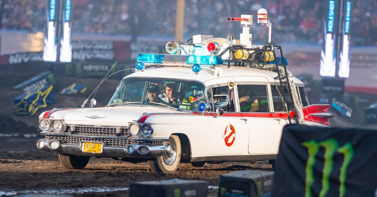 The famous Ghostbusters mobile Ecto-1 took to the track at Anaheim 2 on Saturday, January 27 with Troy Lee Design’s Red Bull GASGAS’ Justin Barcia behind the wheel. Photo Credit: Feld Motor Sports, Inc.