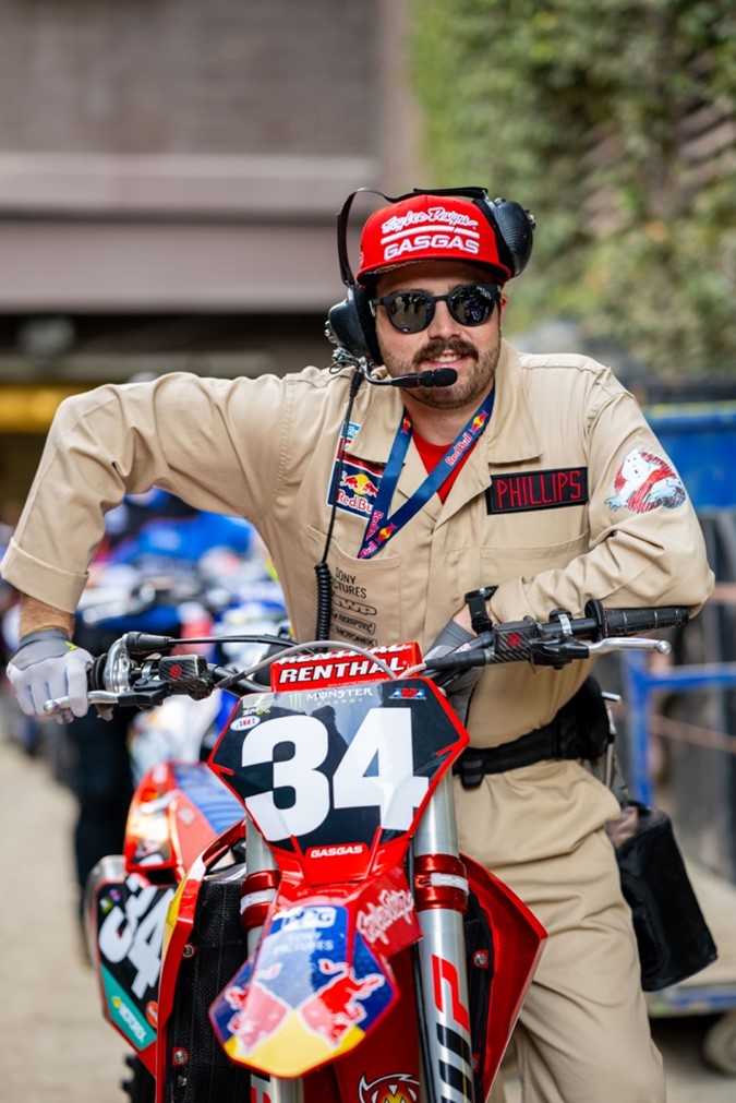 Individual in Ghostbusters gear on Supercross bike