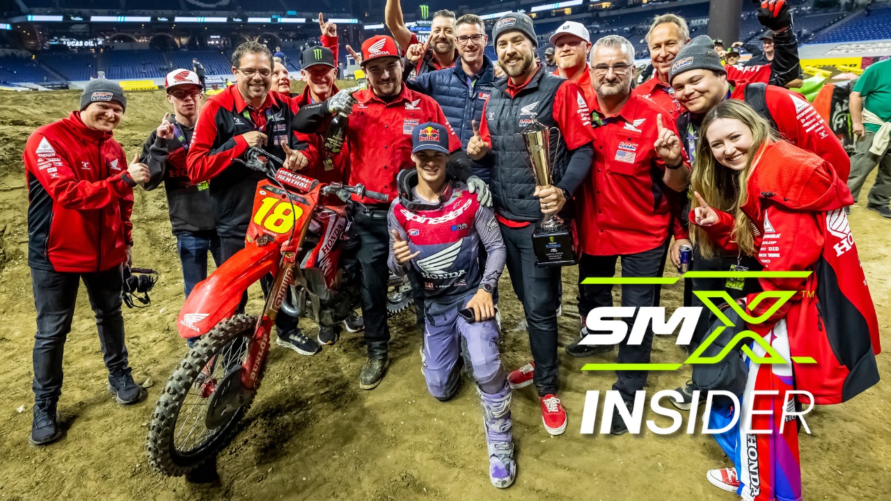 Jett Lawrence and his team celebrate with SMX Insider logo