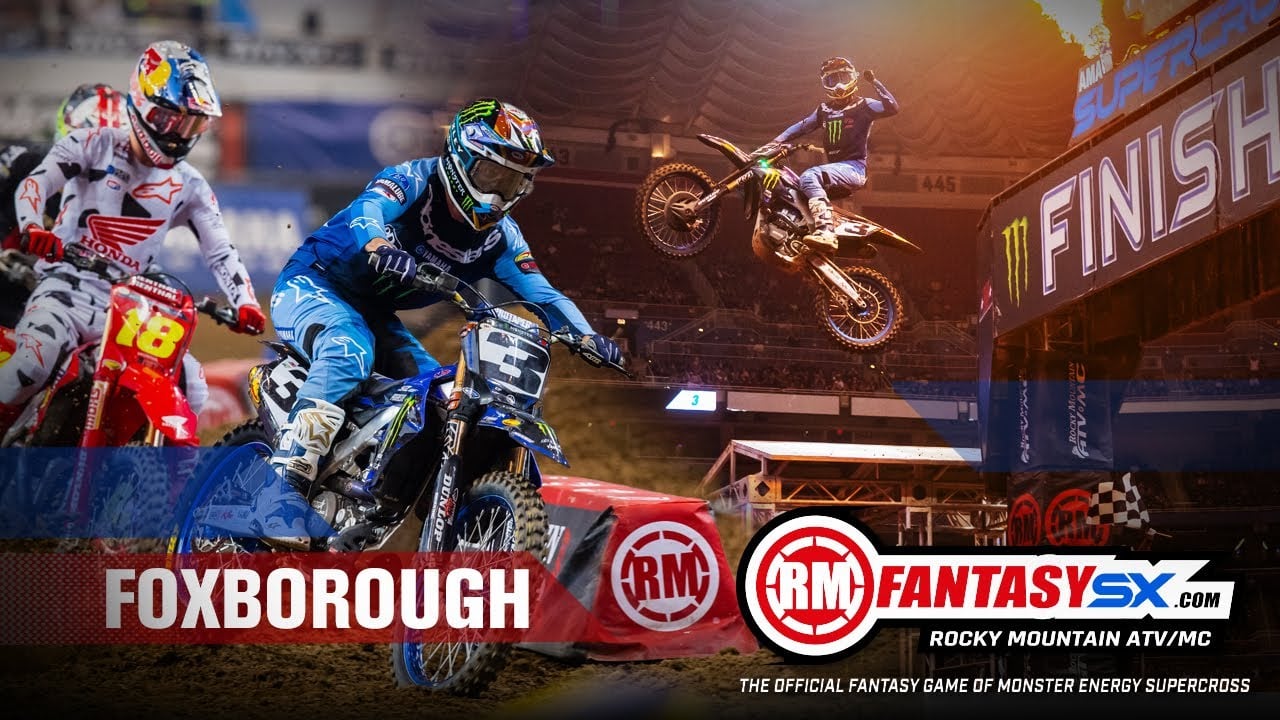 Graphic with photos of Eli Tomac and Jett Lawrence and caption: RM Fantasy SX.com Rocky Mountain ATV/MC - the official fantasy game of Monster Energy Supercross - Foxborough