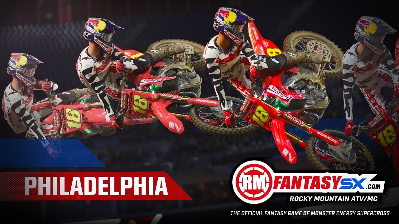 Graphic with Jett Lawrence's bike appearing three times and the words "Philadelphia: RMFantasySX.com"