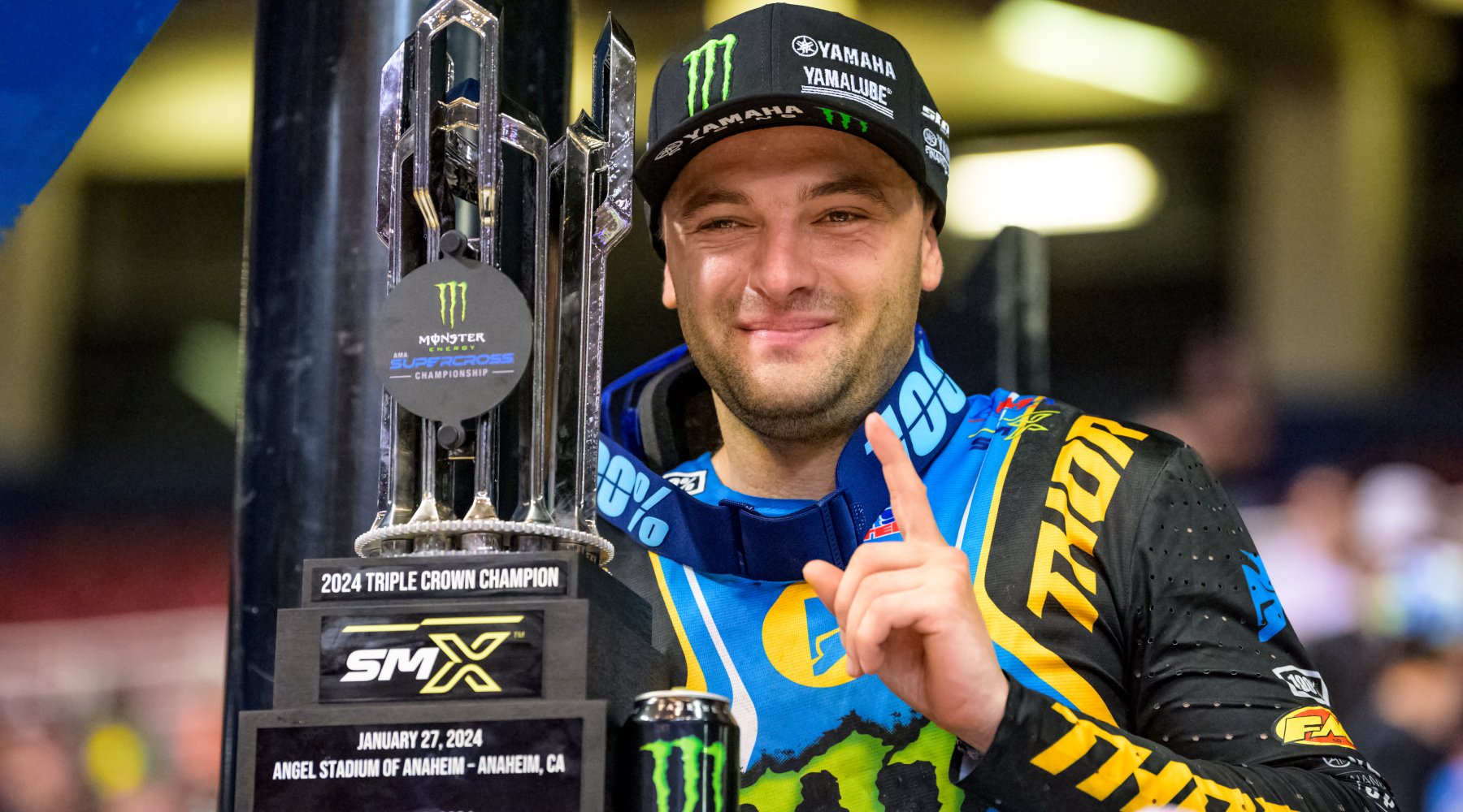 Cooper Webb celebrates winning the 2024 Triple Crown Championship