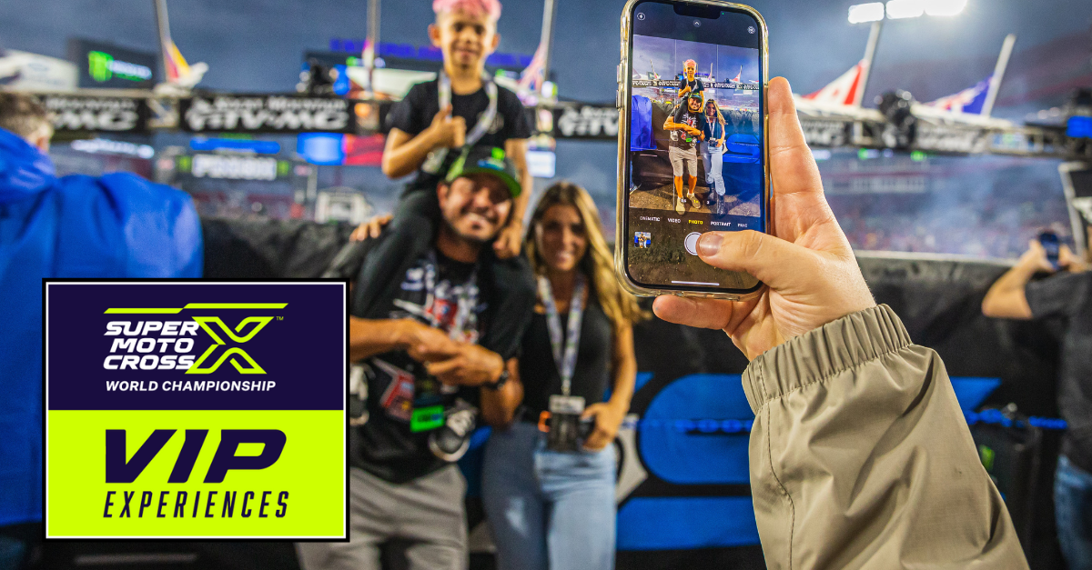 SuperMotocross World Championship VIP Experiences graphic over photo of a family at an SMX event