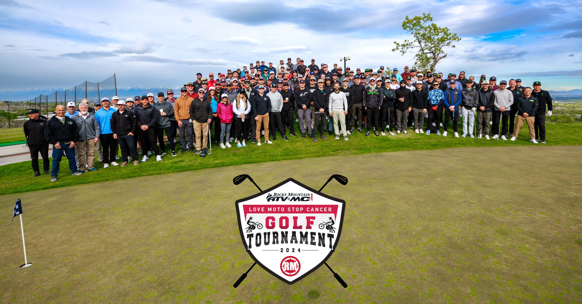 Supercross athletes and key industry personnel before teeing off at the inaugural Rocky Mountain ATV/MC Love Moto Stop Cancer Golf Tournament that benefits St. Jude Childrens Research Hospital at Old Mill Golf Course in Holladay, Utah. Photo Courtesy of Rocky Mountain ATV/MC.