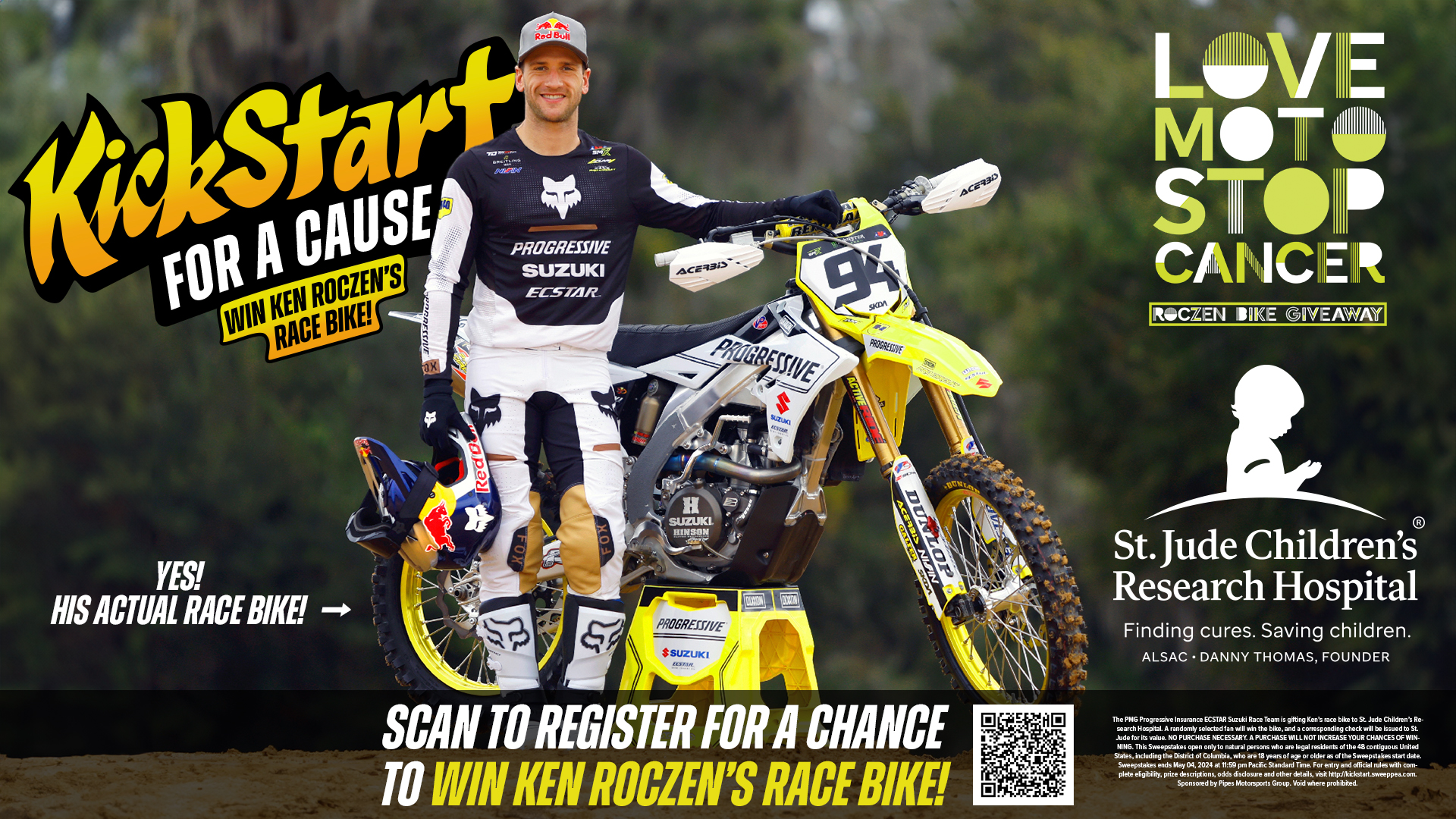 Ken Roczen’s Kickstart For A Cause National Sweepstakes was a season-long Love Moto Stop Cancer initiative that benefits St. Jude Children’s Research Hospital.