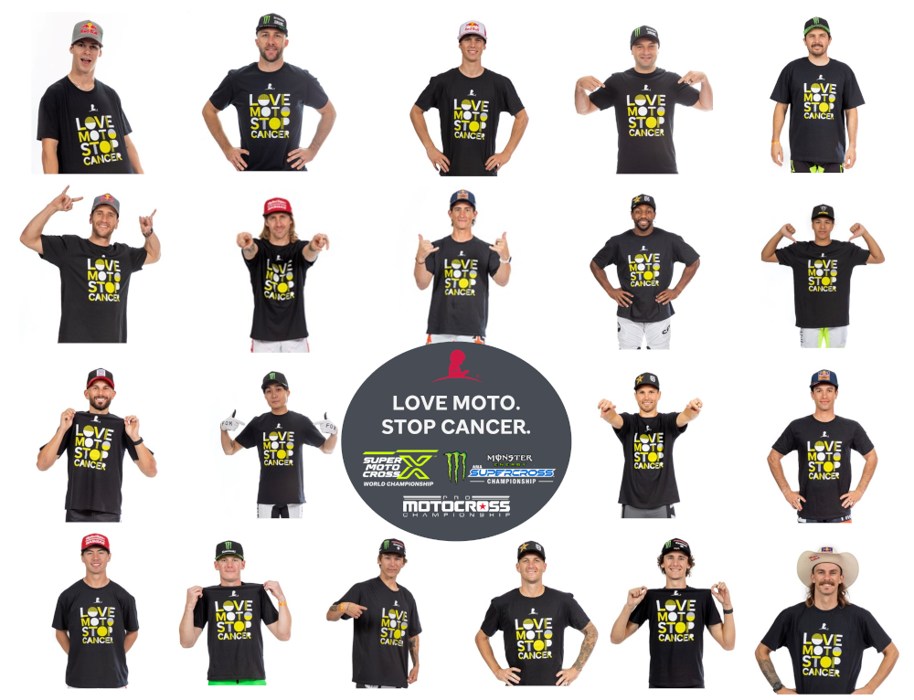 Various Supercross riders wearing "Love Moto Stop Cancer" shirts