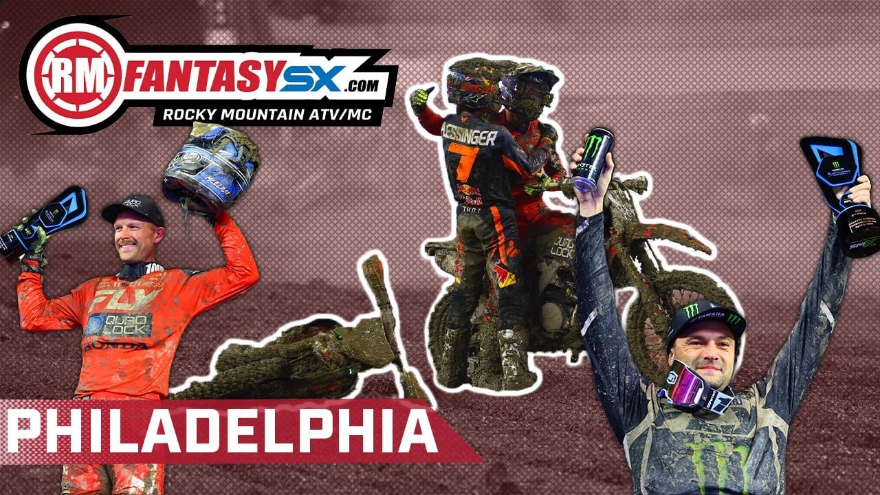 Graphic with caption RM Fantasy SX - Philadelphia and graphics of Aaron Plessinger celebrating his win in the mud