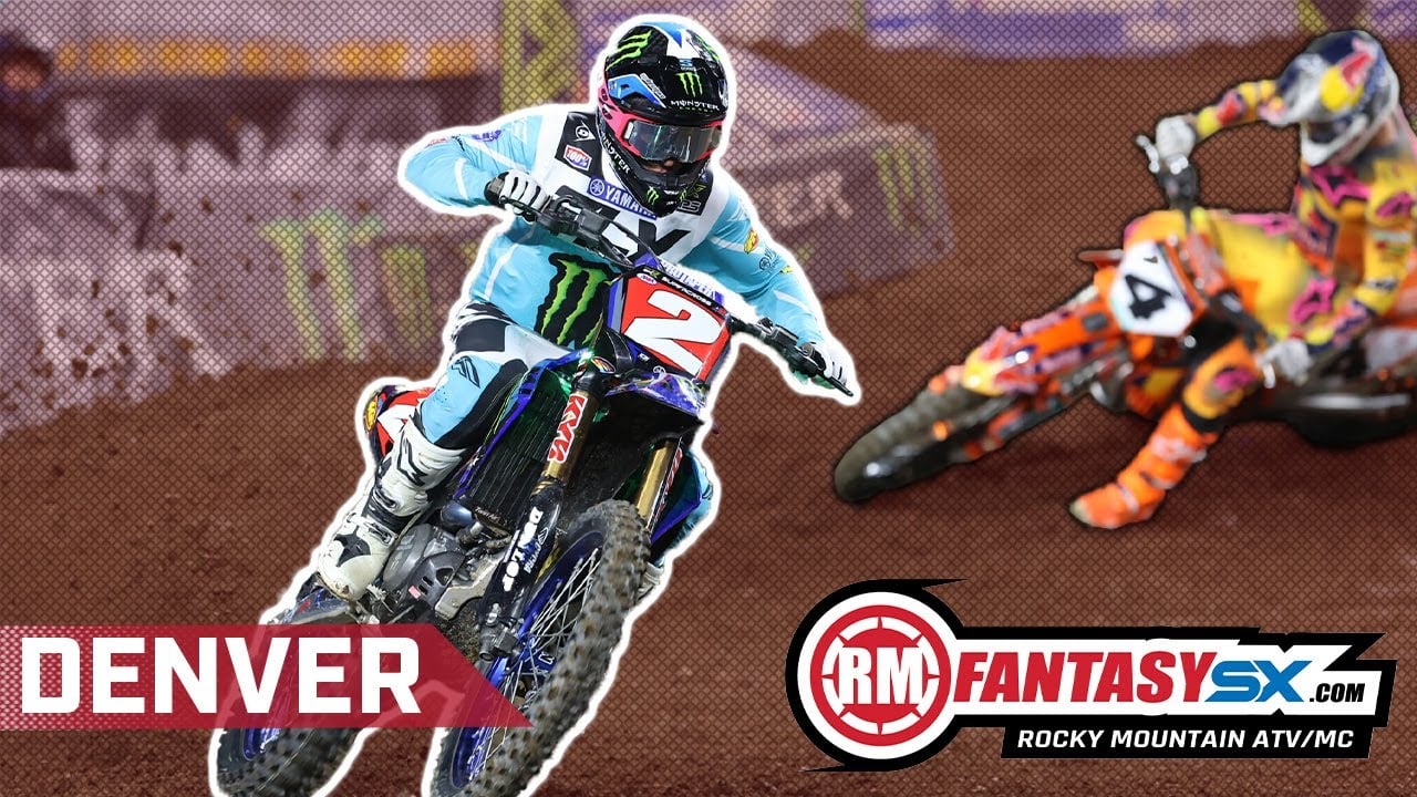 Graphic with Cooper Webb leading Chase Sexton on a Supercross track