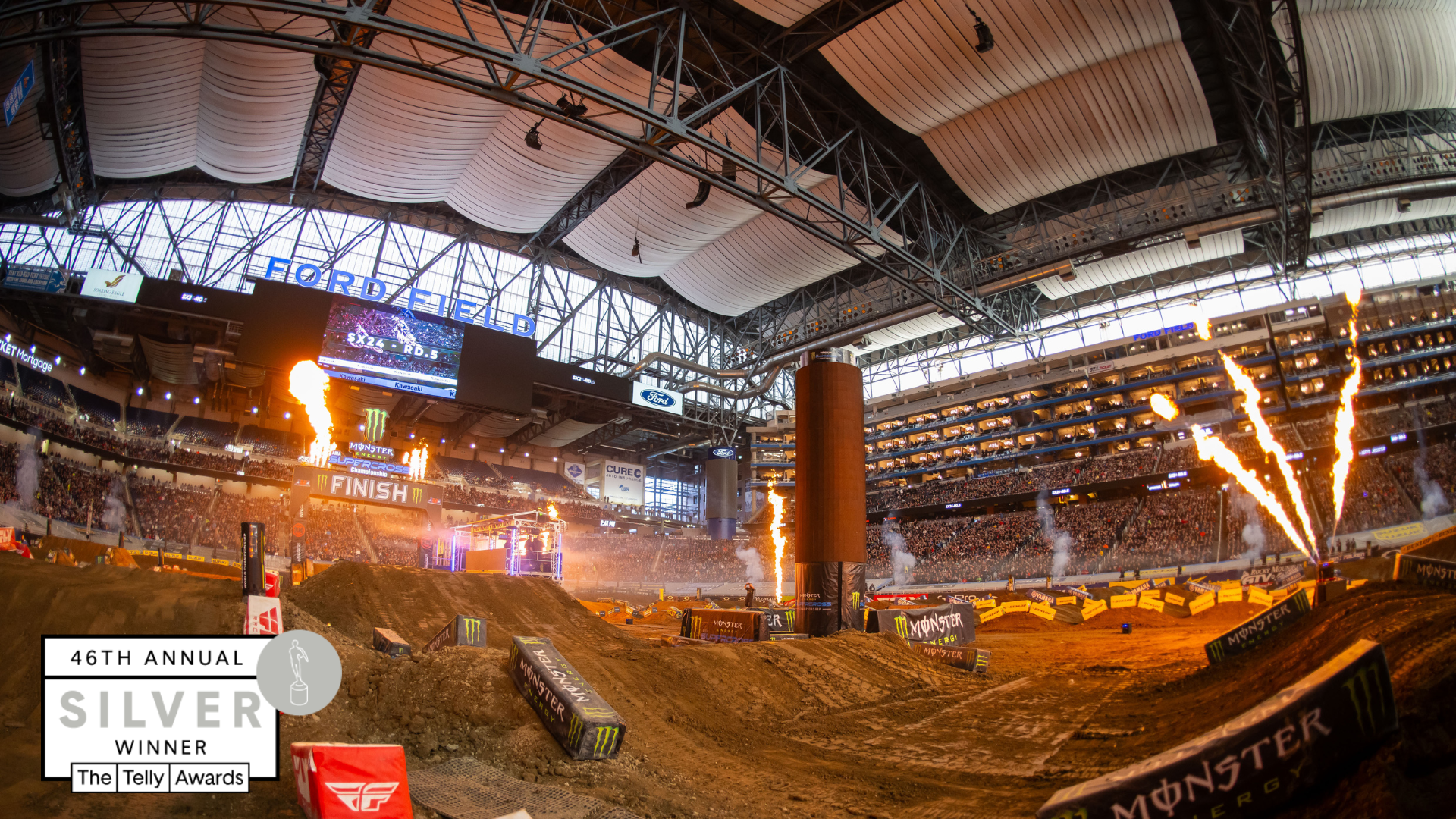 Photo of a Supercross racetrack with the 46th Annual The Telly Awards Silver Winner badge