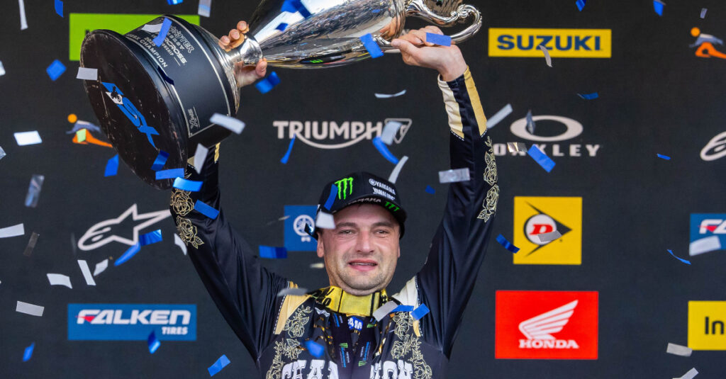 Cooper Webb celebrates on the podium at Rice-Eccles Stadium in Salt Lake City on May 10 after winning the Monster Energy AMA Supercross Championship.