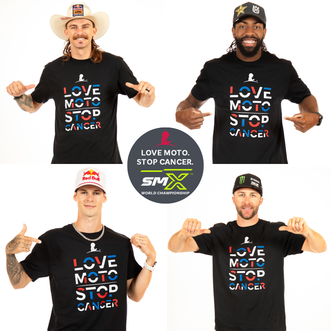 Various SMX riders wearing Love Moto Stop Cancer shirts