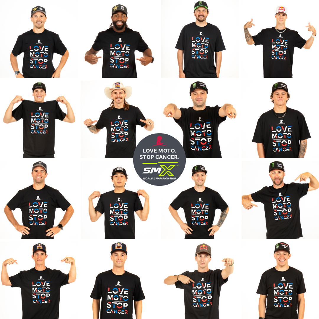Various SMX riders wearing Love Moto Stop Cancer shirts