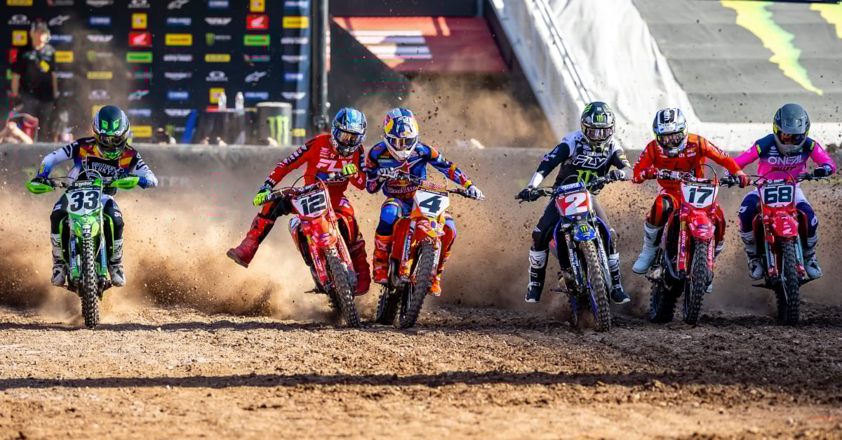 SMX race start with bike's number plates visible