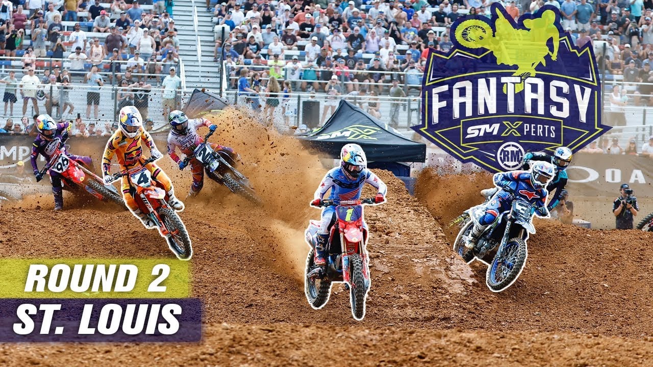 Graphic of an SMX race start with RM Fantasy SMX logo and text - Round 2, St. Louis
