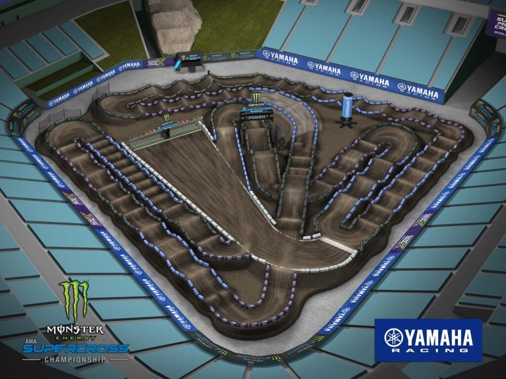 Aerial view of an animated track map