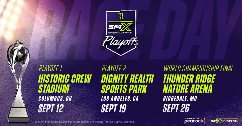 SMX World Championship playoffs - Playoff 1: Historic crew stadium - sept. 12 - playoff 2 - dignity health sports park - sept. 19 - world championship final: thunder ridge nature arena - sept 26