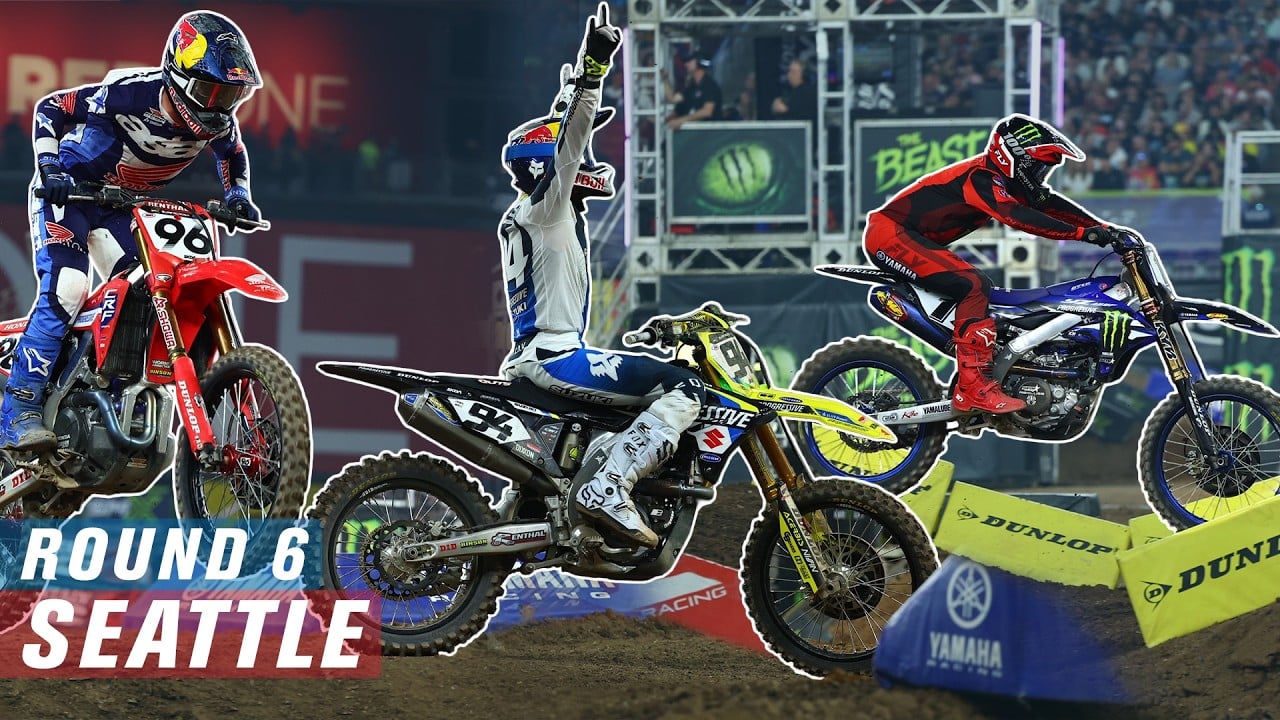 Graphic with Hunter Lawrence, Ken Roczen and Cooper Webb with caption: Round 6 - Seattle