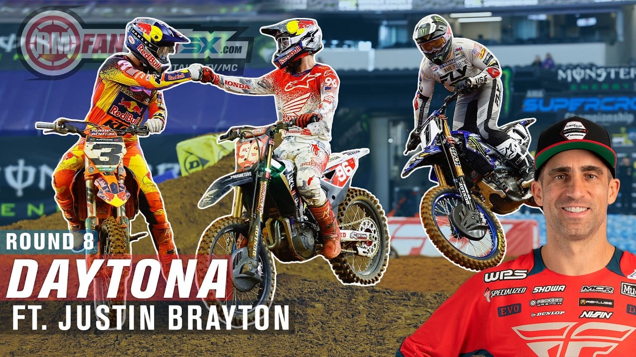 Graphic with words Round 8 - Daytona - ft. Justin Brayton - and a photo of Eli Tomac, Hunter Lawrence and Cooper Webb.