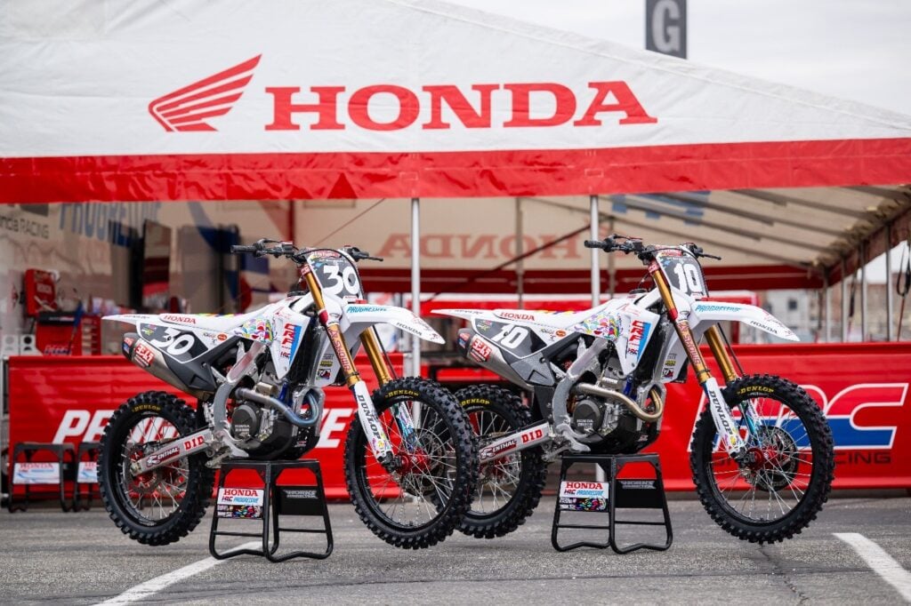 Honda HRC Progressive teammates Jo Shimoda’s (#30) and Chance Hymas’ (#10) race bikes featuring St. Jude patient-inspired artwork for last year’s Love Moto Stop Cancer race that took place at Lucas Oil Stadium in Indianapolis, Indiana.