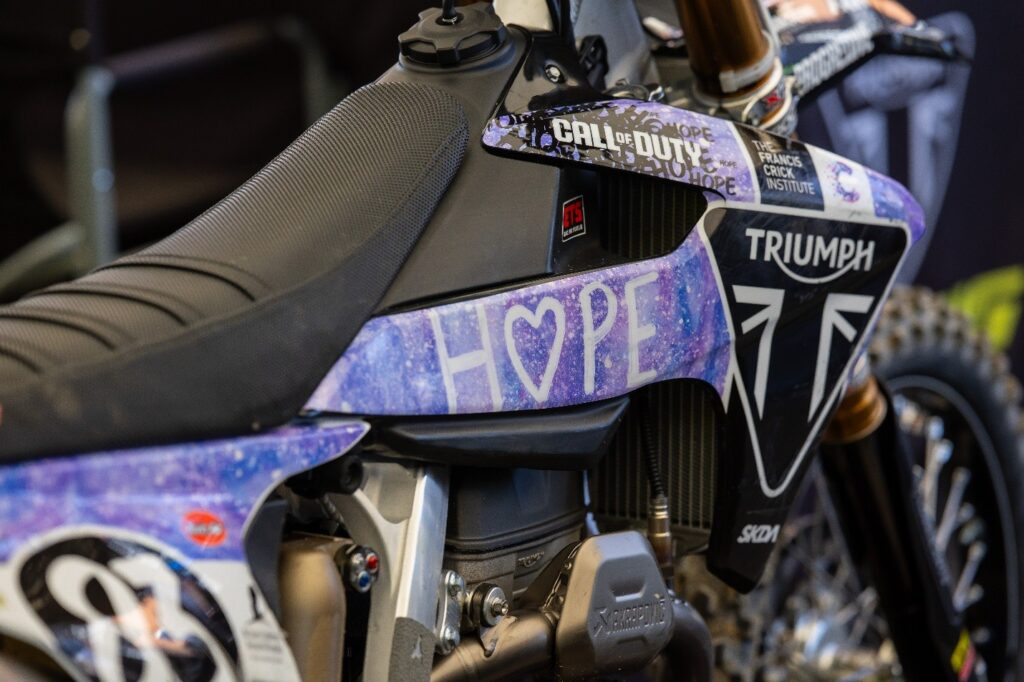 Austin Forkner’s (#83) race bike featuring St. Jude patient-inspired artwork for last year’s Love Moto Stop Cancer race that took place at Lucas Oil Stadium in Indianapolis, Indiana.