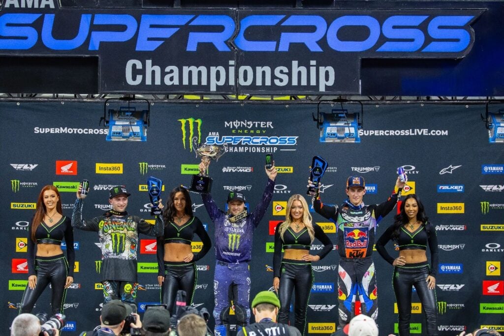 Justin Cooper, Cooper Webb and Chase Sexton (left to right) all donning St. Jude patient-inspired artwork on their custom gear sets (O’NEAL, FLY Racing, Alpinestars) at last year’s Love Moto Stop Cancer race held at Lucas Oil Stadium in Indianapolis, Indiana.