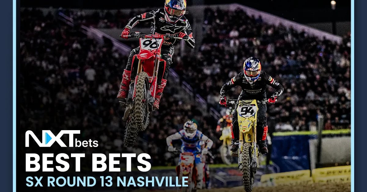 Graphic with Hunter Lawrence, Ken Roczen and Eli Tomac with caption NXTbets Best Bets - SX Round 13 Nashville