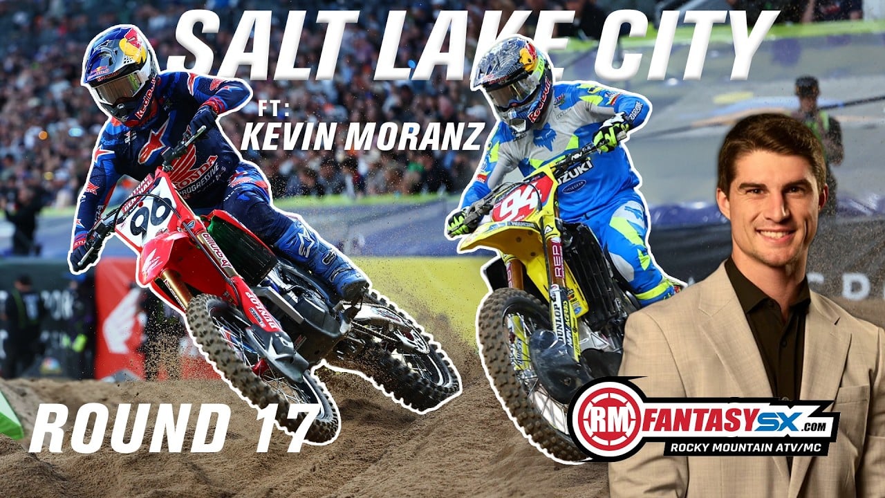 Graphic with photos of Hunter Lawrence and Ken Roczen and caption Salt Lake City - Round 17 - ft. Kevin Moranz