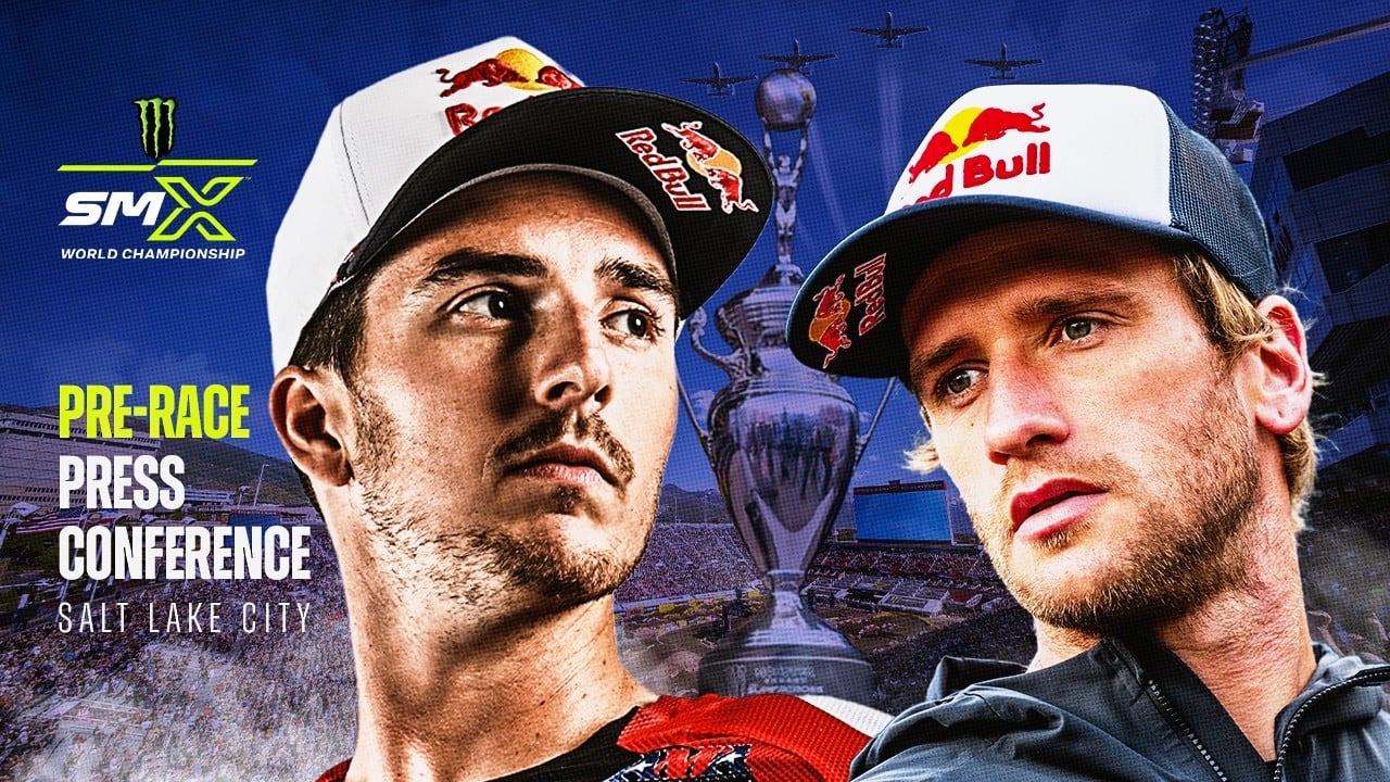 Graphic with photos of Ken Roczen and Hunter Lawrence with caption SMX pre-race press conference