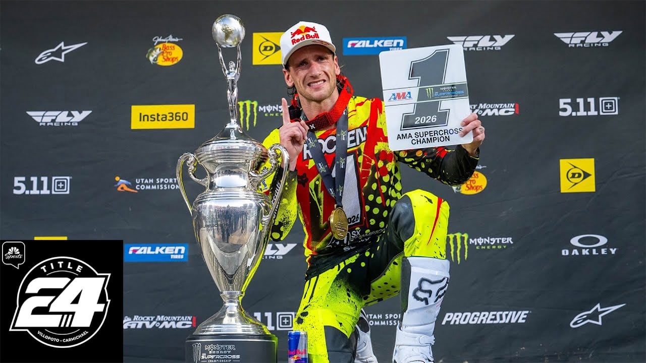 Photo of Ken Roczen celebrating his championship, with the Title 24 logo in the corner