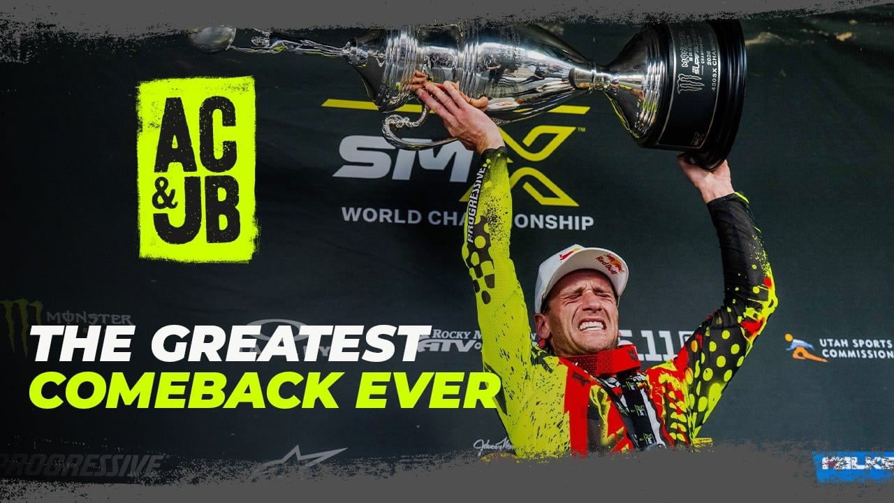 Photo of Ken Roczen celebrating his championship win with the caption: AC & JB: The Greatest Comeback Ever