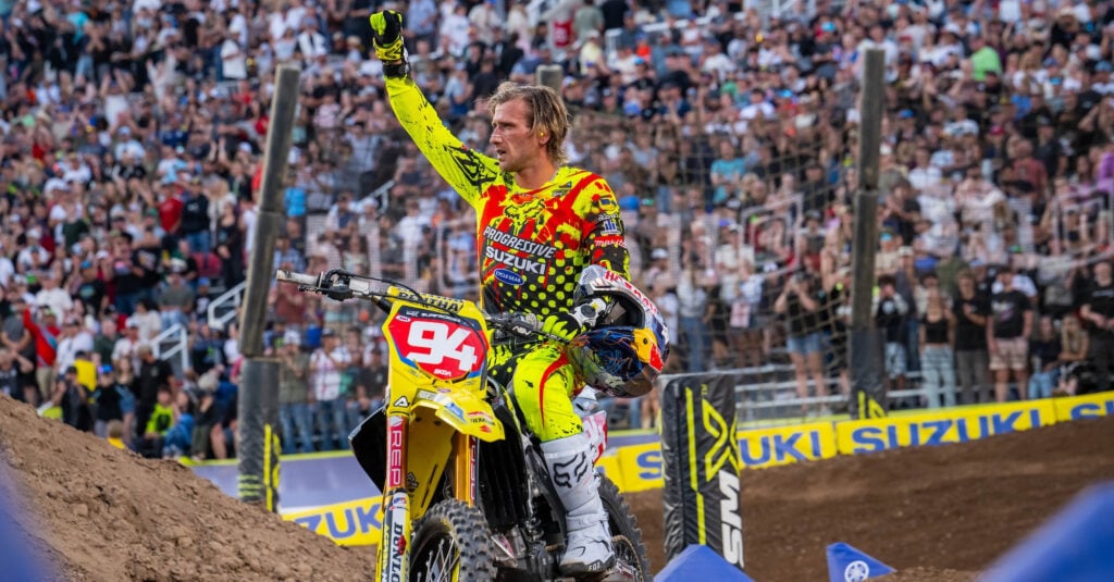 Ken Roczen after winning his first Monster Energy Supercross Premier Class Championship at Rice-Eccles Stadium in Salt Lake City.
